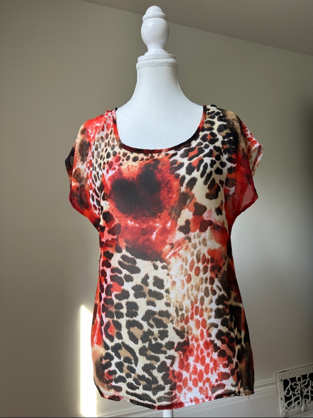 JESSICA Vintage Mixed Animal Print Boho Sheer Scoop Neck Short Sleeve Sz 6